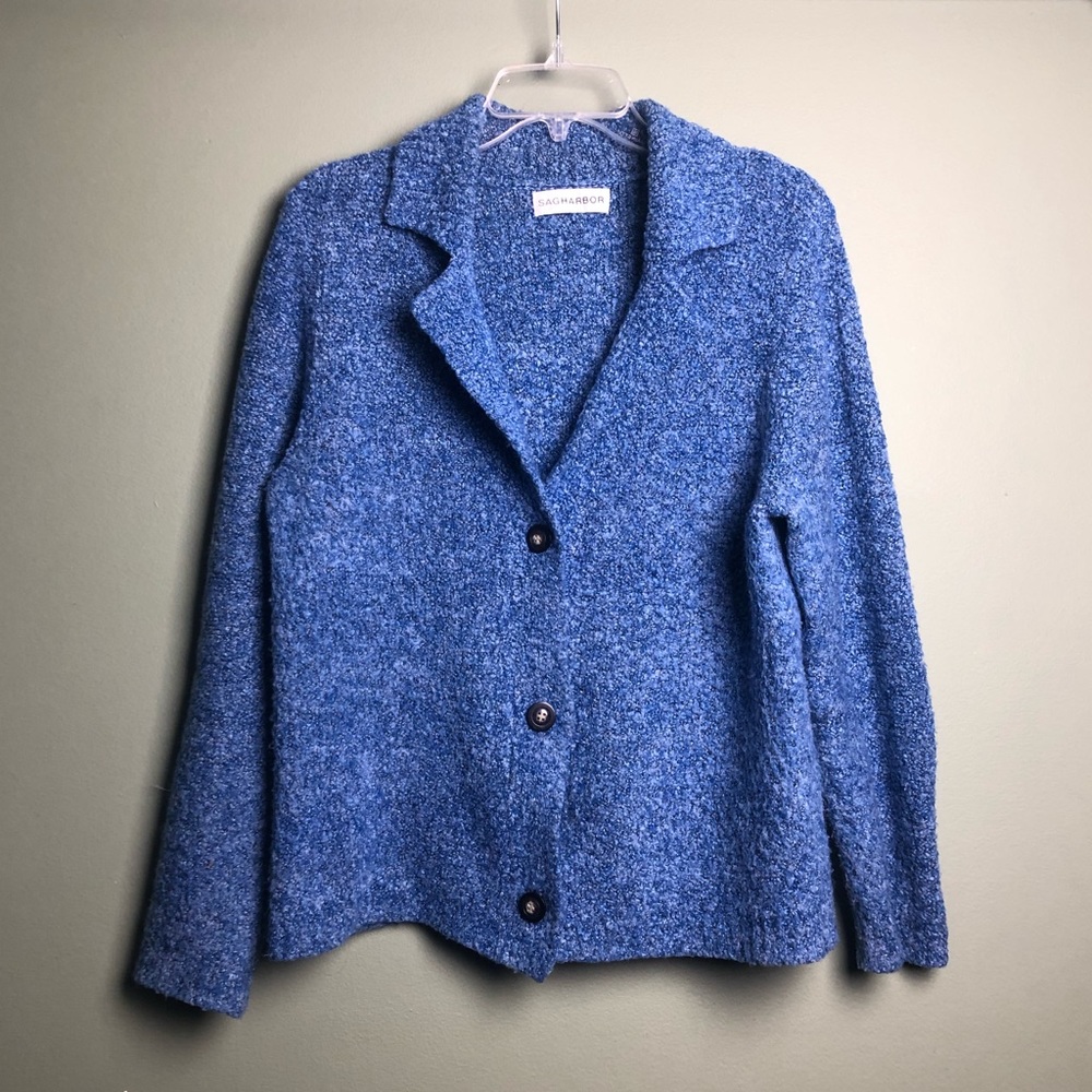 Blue Boucle Knit Cardigan Sweater by Sag Harbor